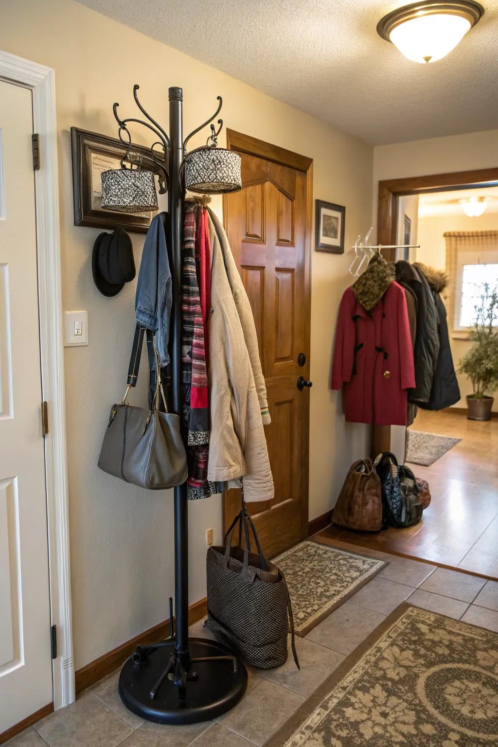 Effective and compact, a swiveling coat stand economizes space.