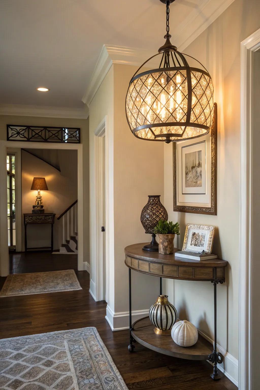 A unique lighting component heightens the entryway's atmosphere.
