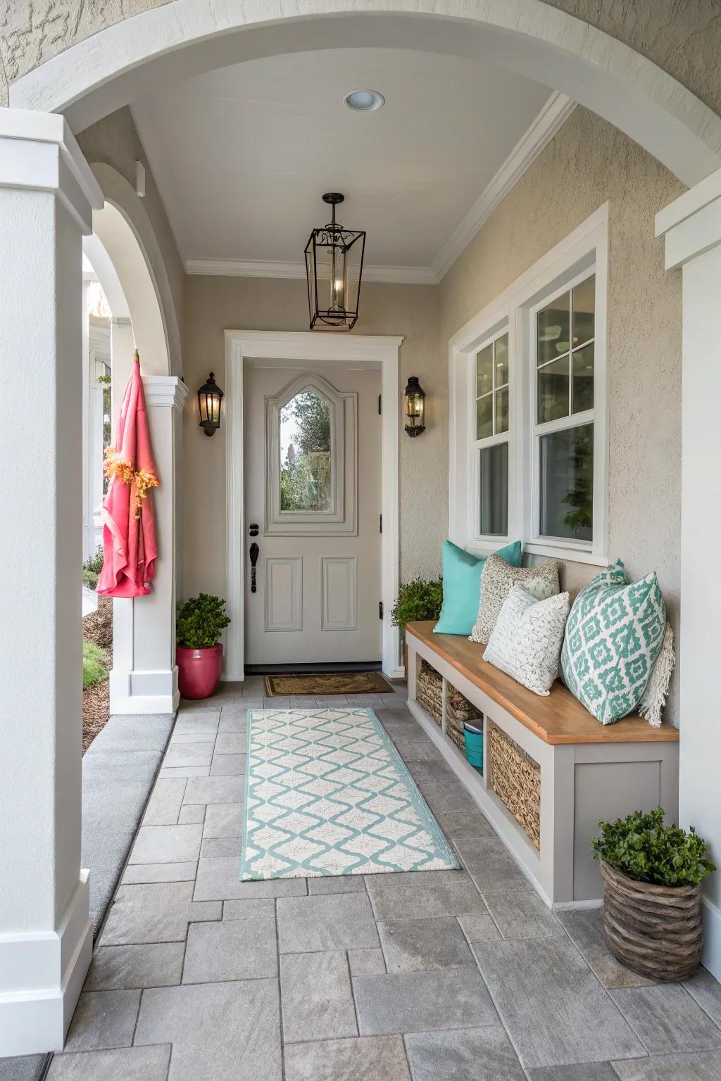 A cohesive color scheme creates a harmonious entryway.