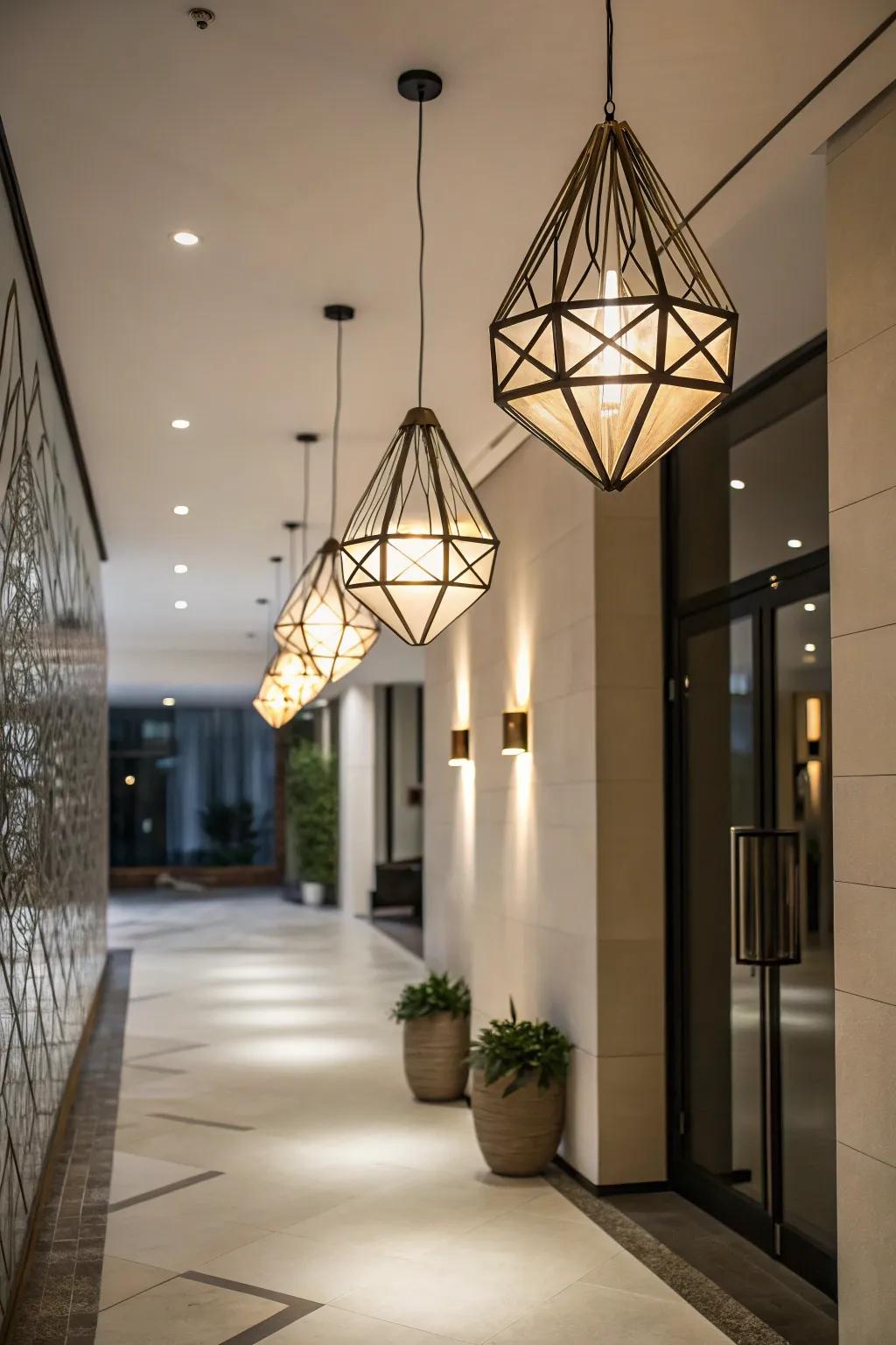 Lighting fixtures with unexpected forms inject a playful touch to this entryway.
