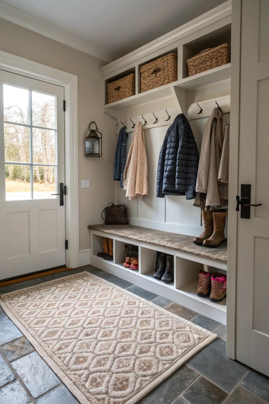 A cozy rug adds warmth and style to this mudroom.