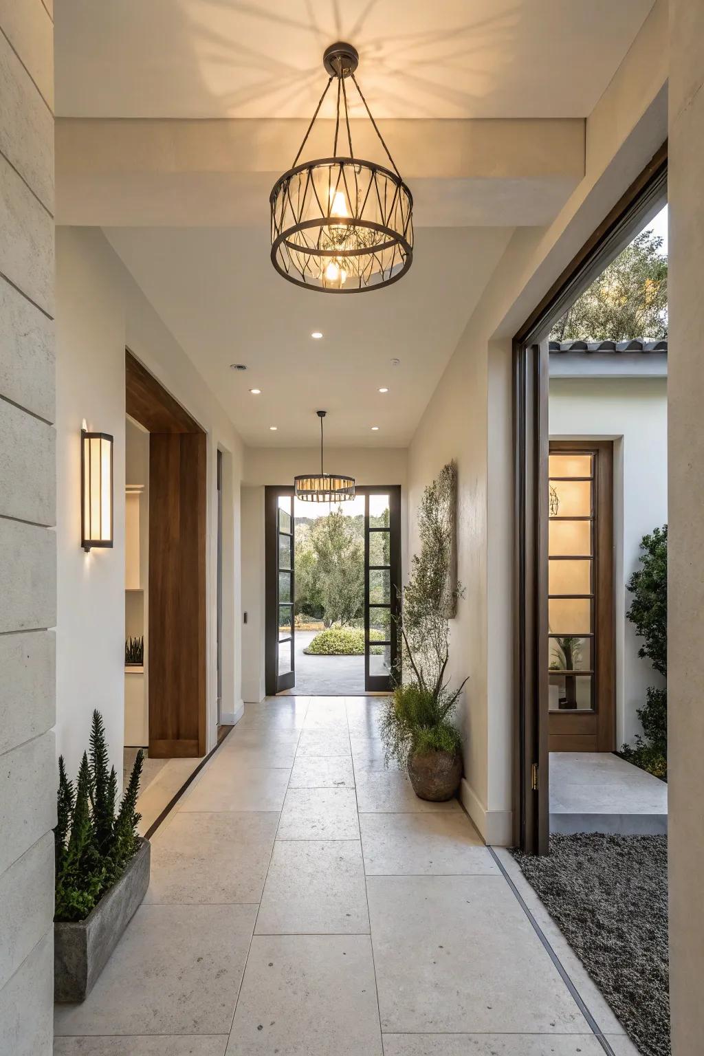 A minimalist entryway showcasing a simple lighting fixture to deliver an open and breezy atmosphere.