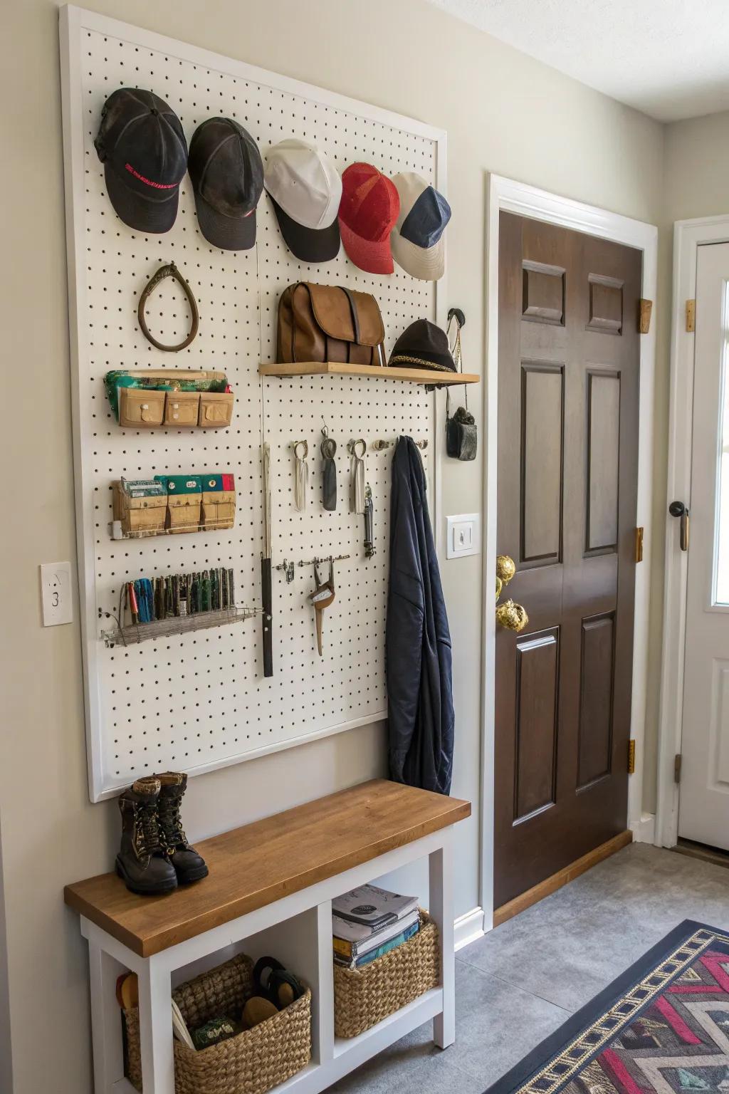 A pegboard delivers customizable storage alternatives.