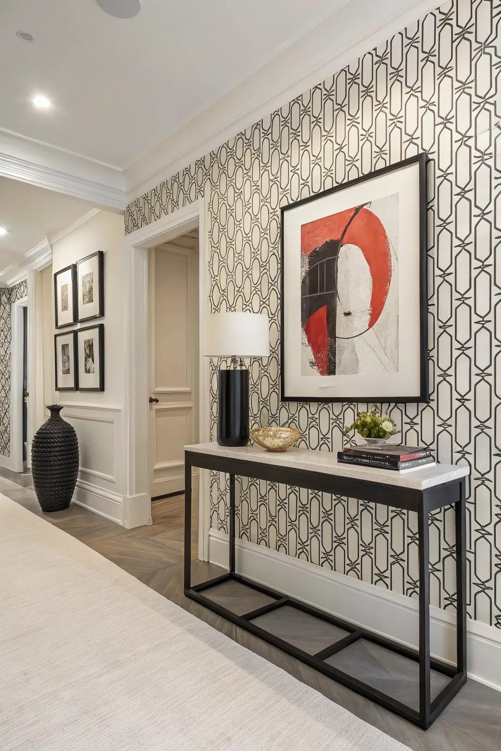 Sleek entryway with minimalist monochrome wallpaper for a modern look.