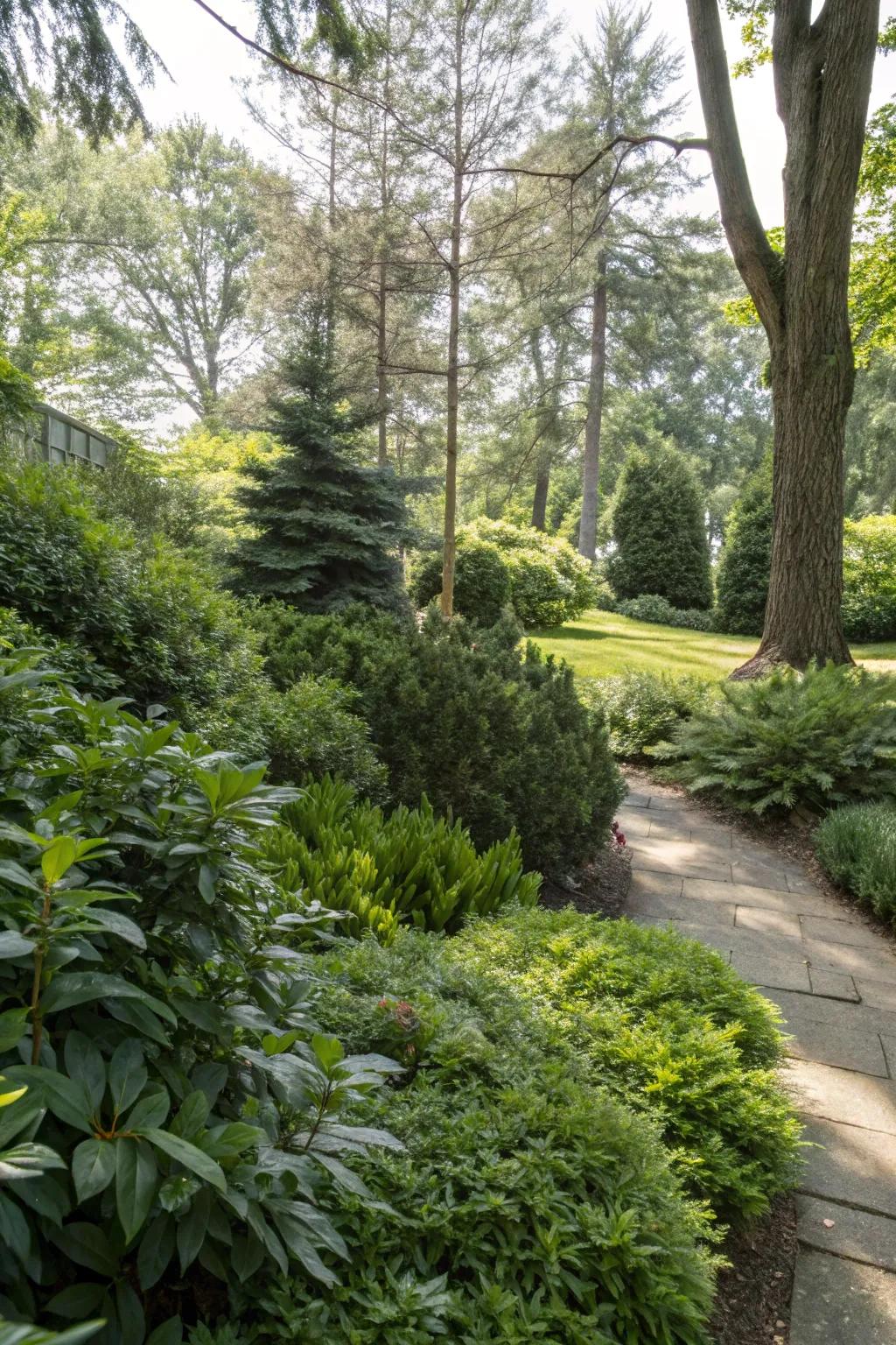 A shady garden corner brightened by thriving evergreen plants.