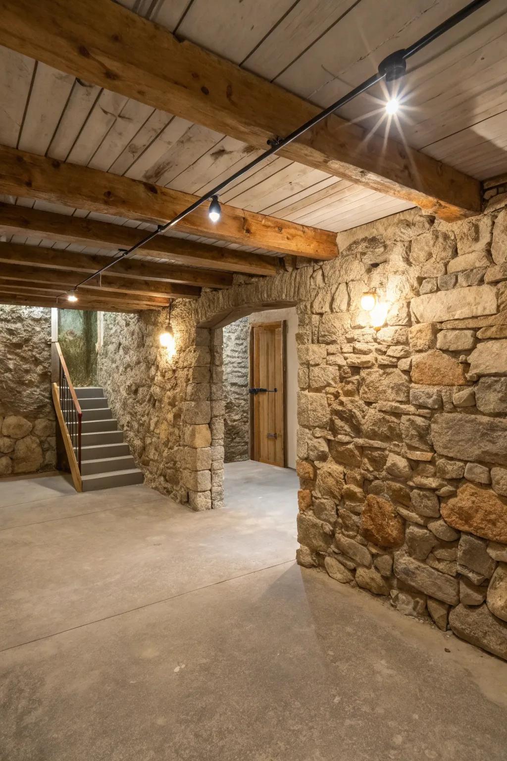 Inherent stone features contribute an earthy and timeless touch to your basement.