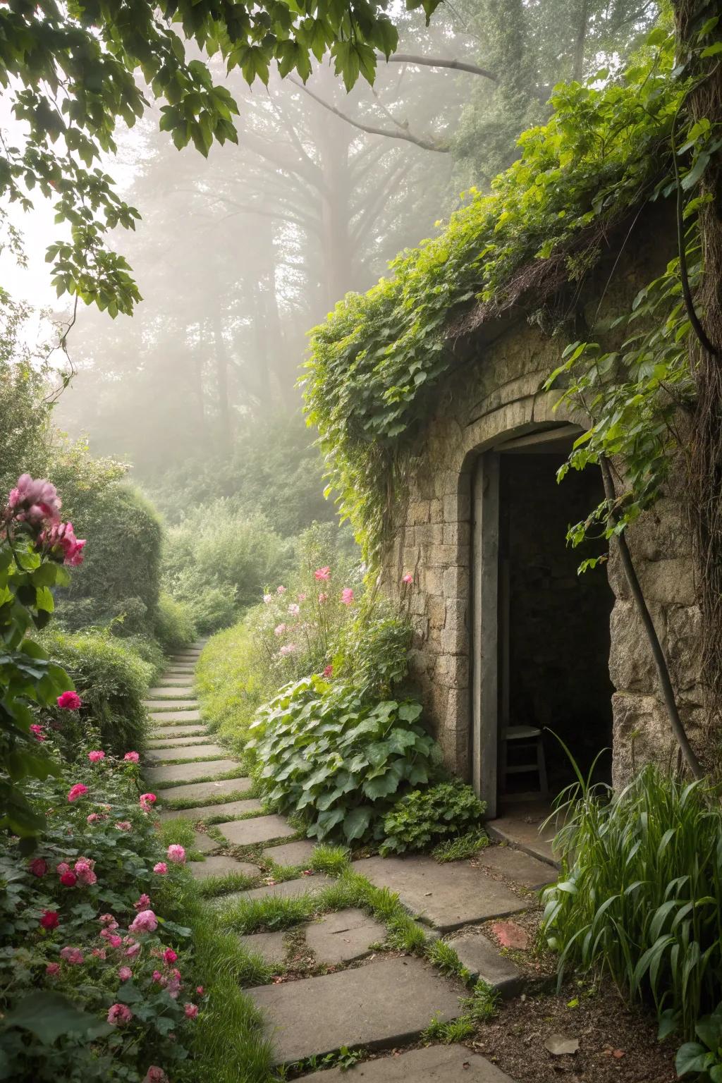 A secret garden path adds enchantment to your basement entrance.