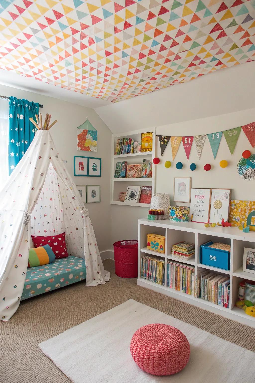 Spark creativity with a lively patterned ceiling.