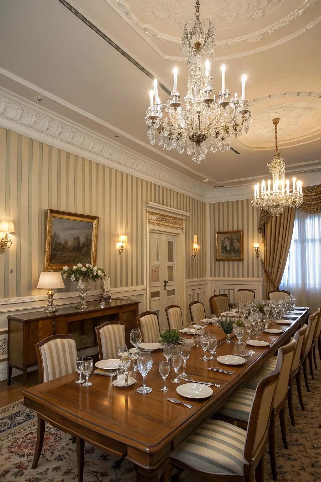 Traditional banded designs in fabric wallpaper offer lasting elegance.