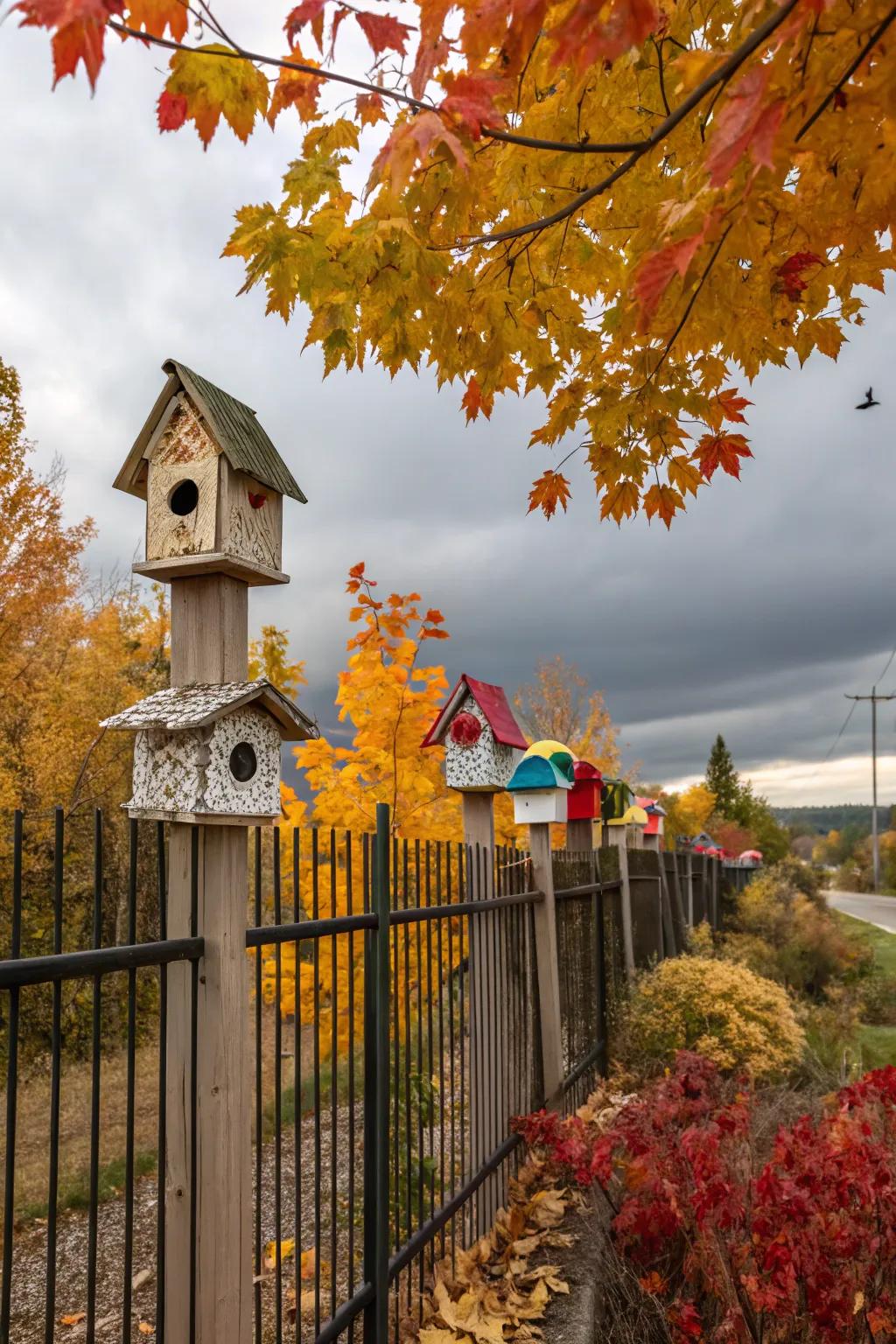 Ornamental avian refuges append a capricious dash to the fence.