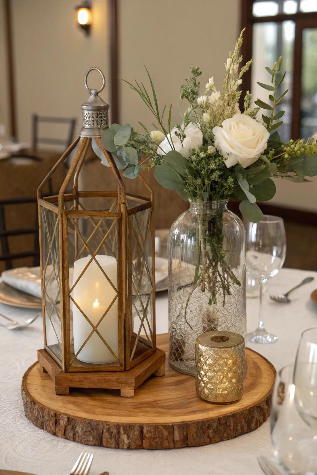 A mix of textures like timber, glass, and metal adds depth to this fall wedding centerpiece.