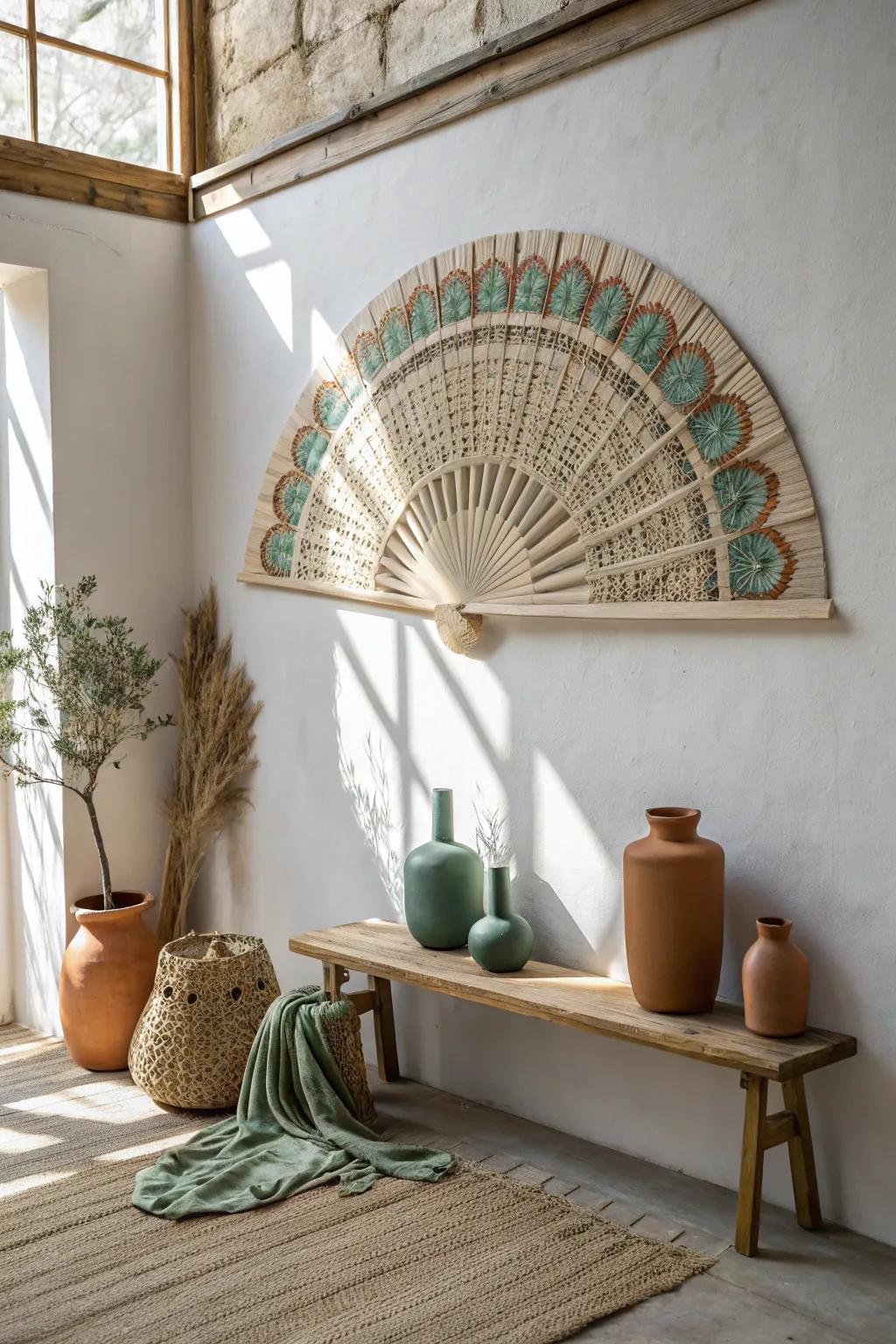 Fill your space with bohemian vibes using decorative fans that make a statement.