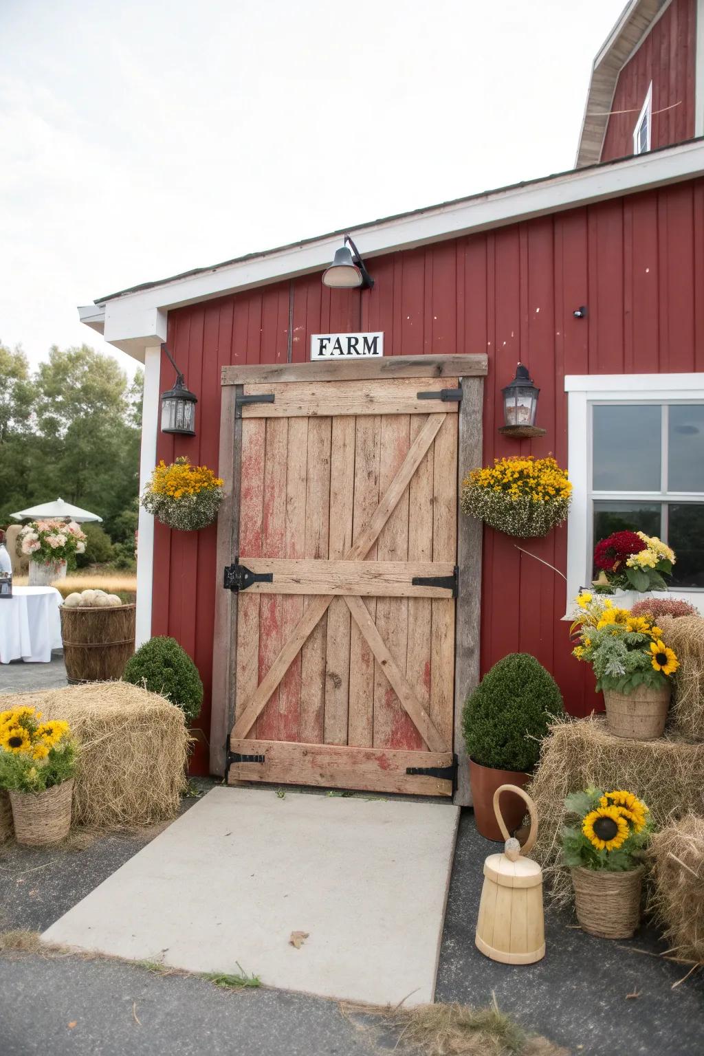A barn door entrance sets the stage for a charming farm-themed celebration.