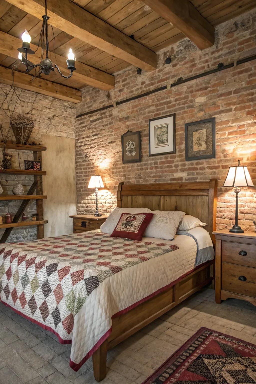 Exposed brick provides textural contrast and coziness to the bedroom.