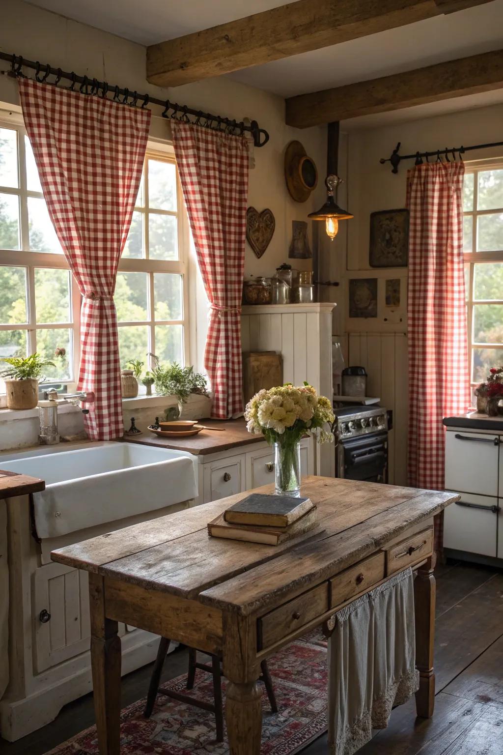 Charming valances adding elegance to a farmhouse kitchen with vintage accents.