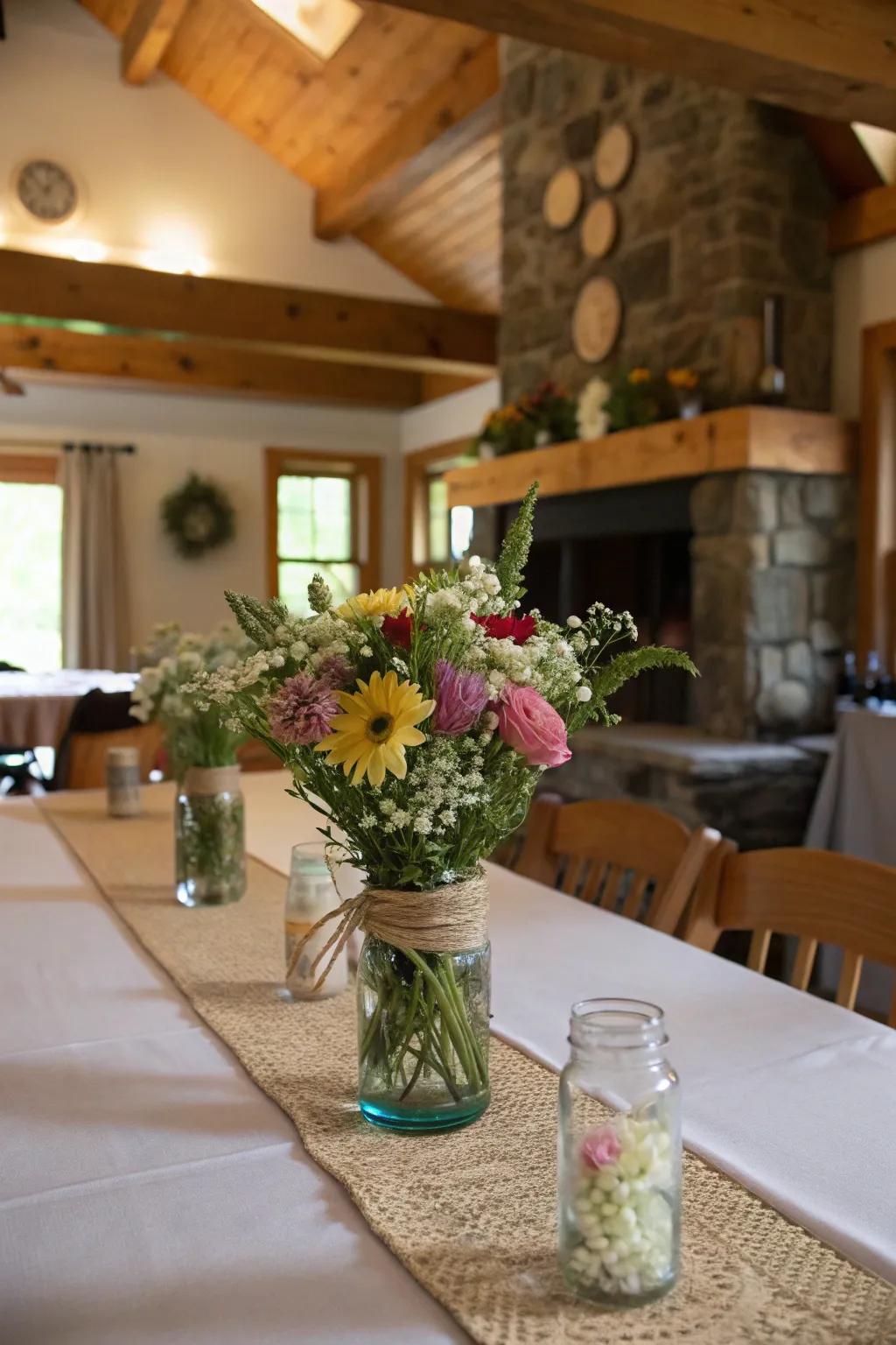 Countryside centerpieces add a personal and natural touch to this farmhouse meal table.