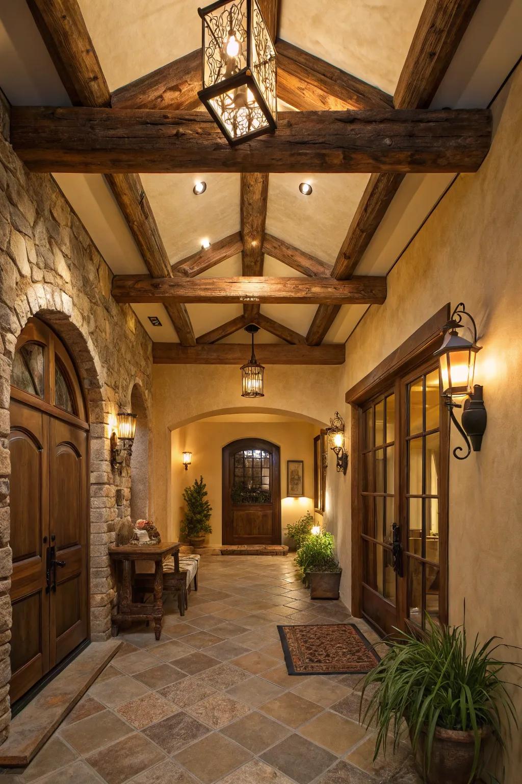 A farmhouse entryway amplified by the presence of ceiling beams.
