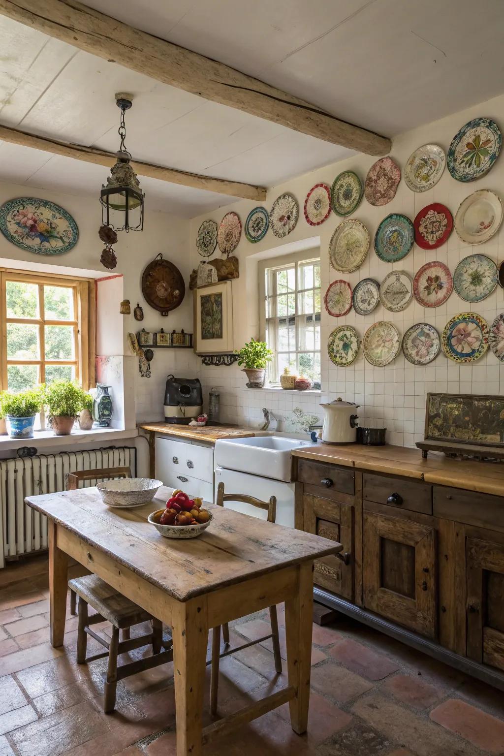 Appealing plate exhibits introducing color and pattern to a farmhouse cooking space.