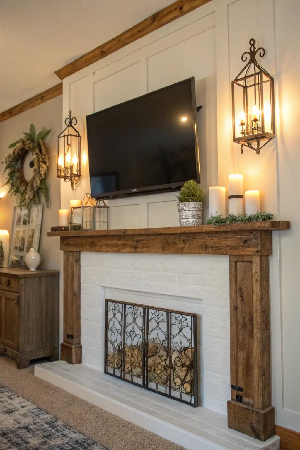 A farmhouse mantel beneath a TV, beautifully illuminated by wall lights.