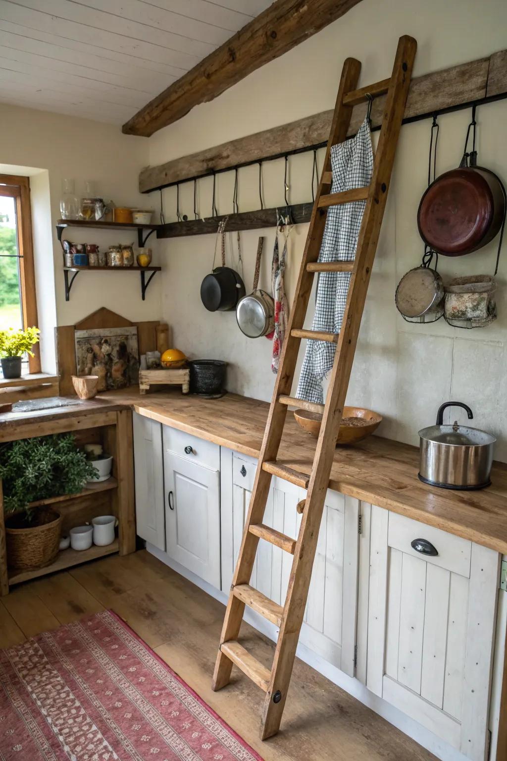 A rustic kitchen storage solution featuring a ladder