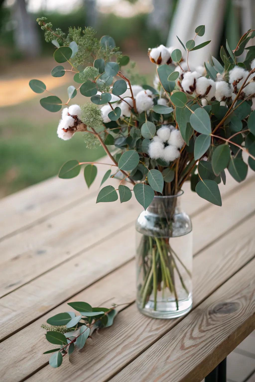 Eucalyptus and gossamer stems proffer a subdued, natural visage for your centerpiece.