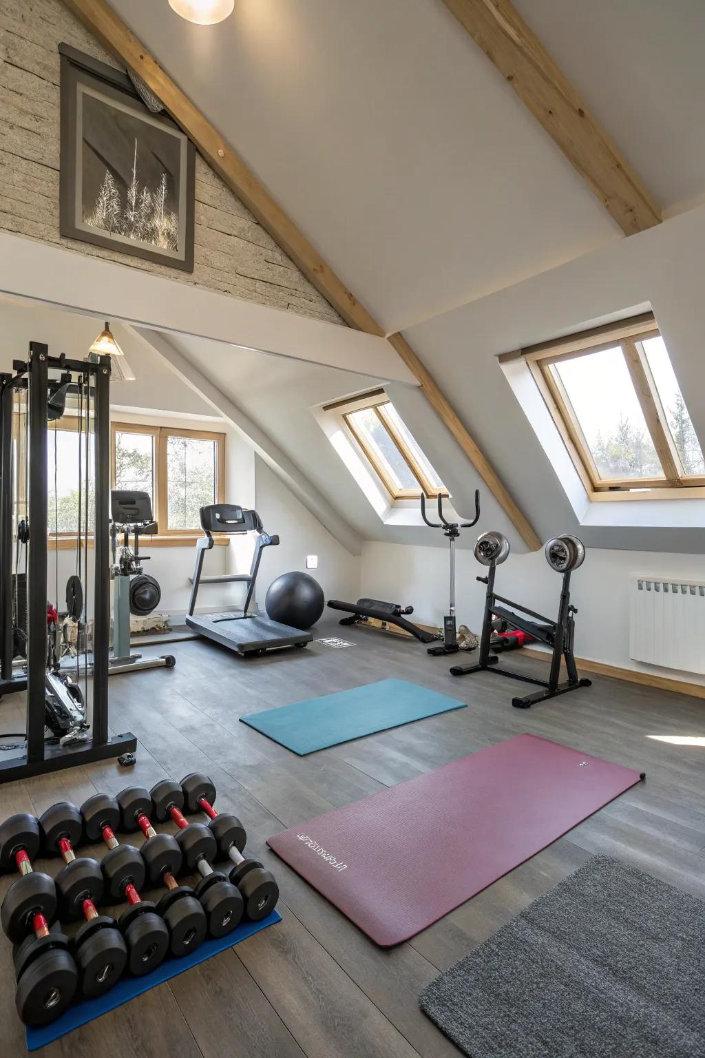 A personal fitness loft in the attic for a private workout experience.