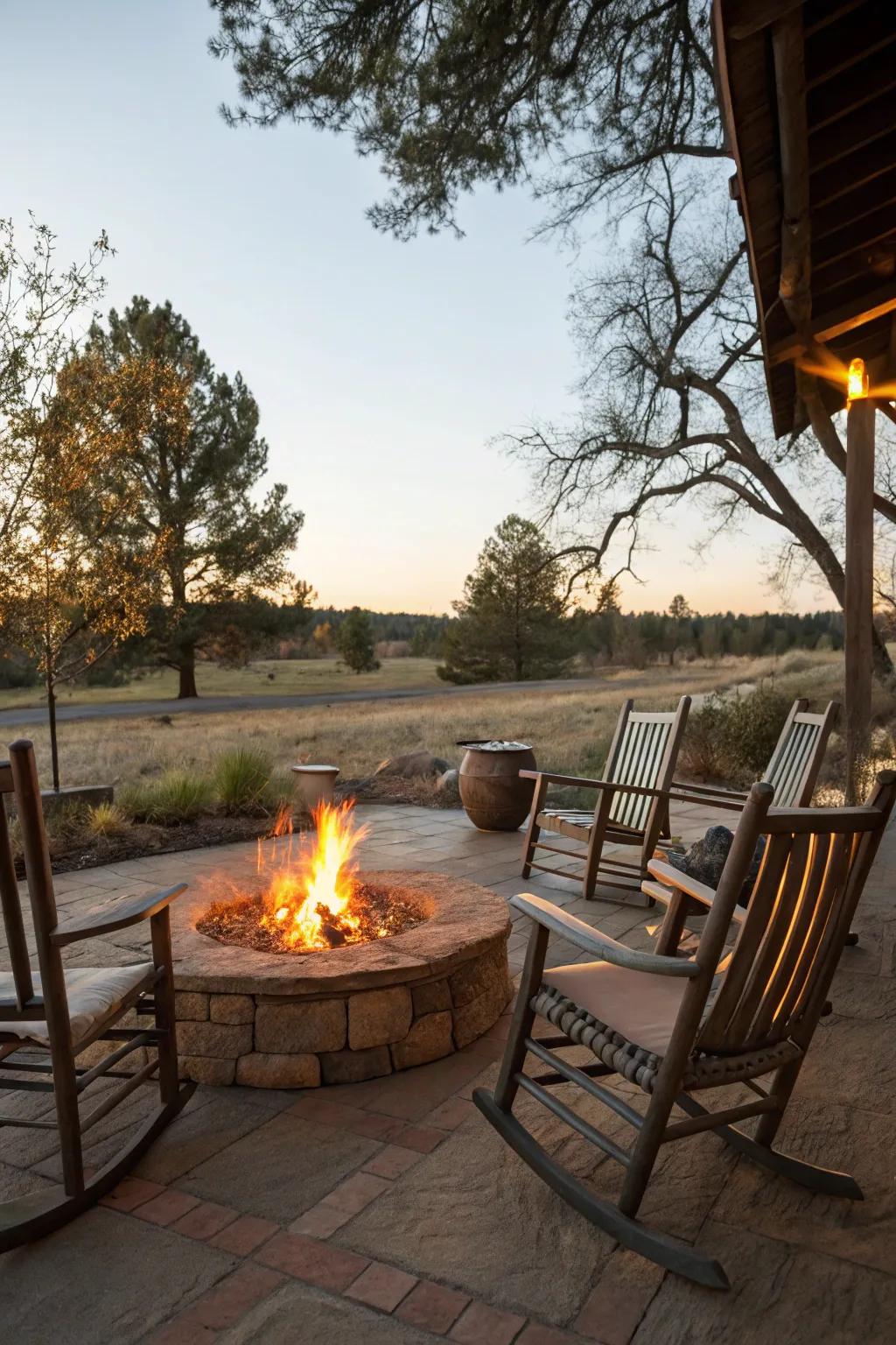 Classic rocking chairs inject nostalgic charm into the fire pit area.