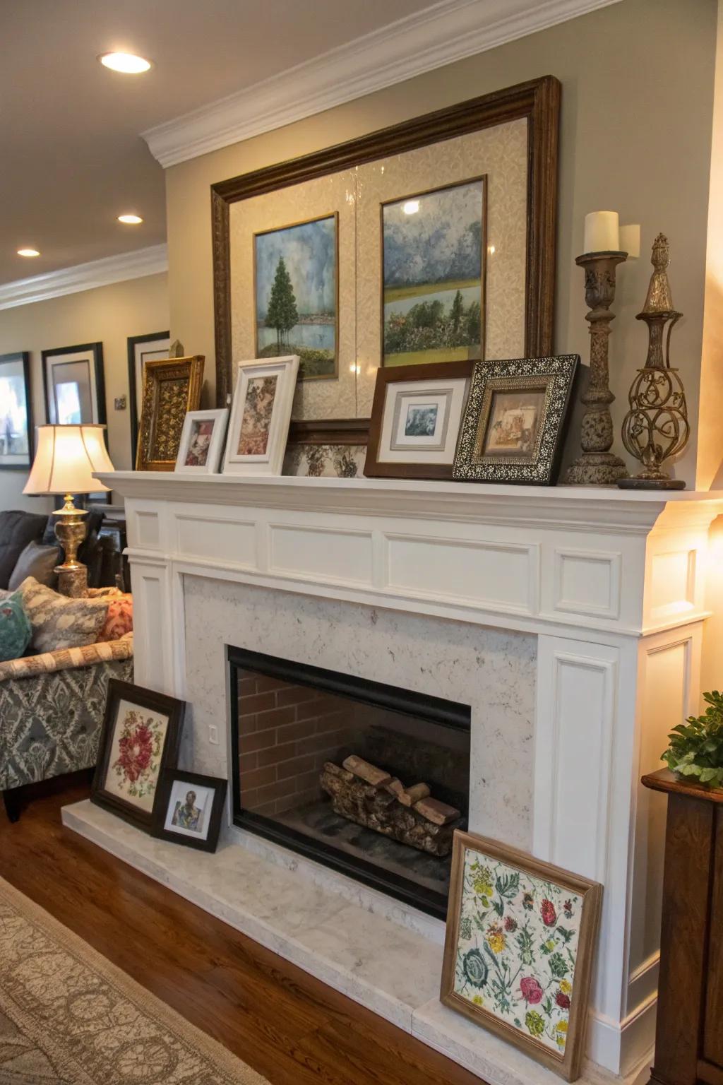 An eclectic art display transforming the mantel into a personal gallery.