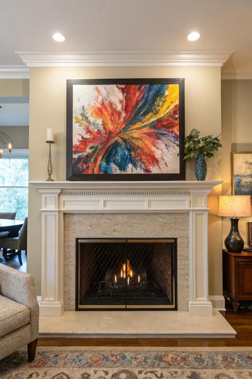 A stunning art composition above the mantel that is sure to capture attention.