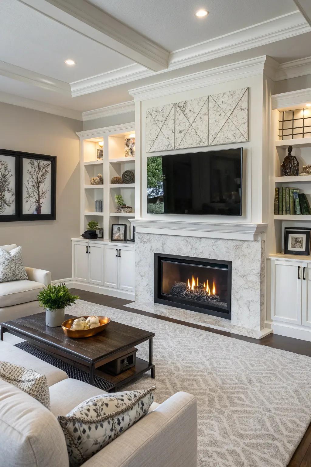 Check out this modern living room where the fireplace and TV blend seamlessly together—talk about sleek!
