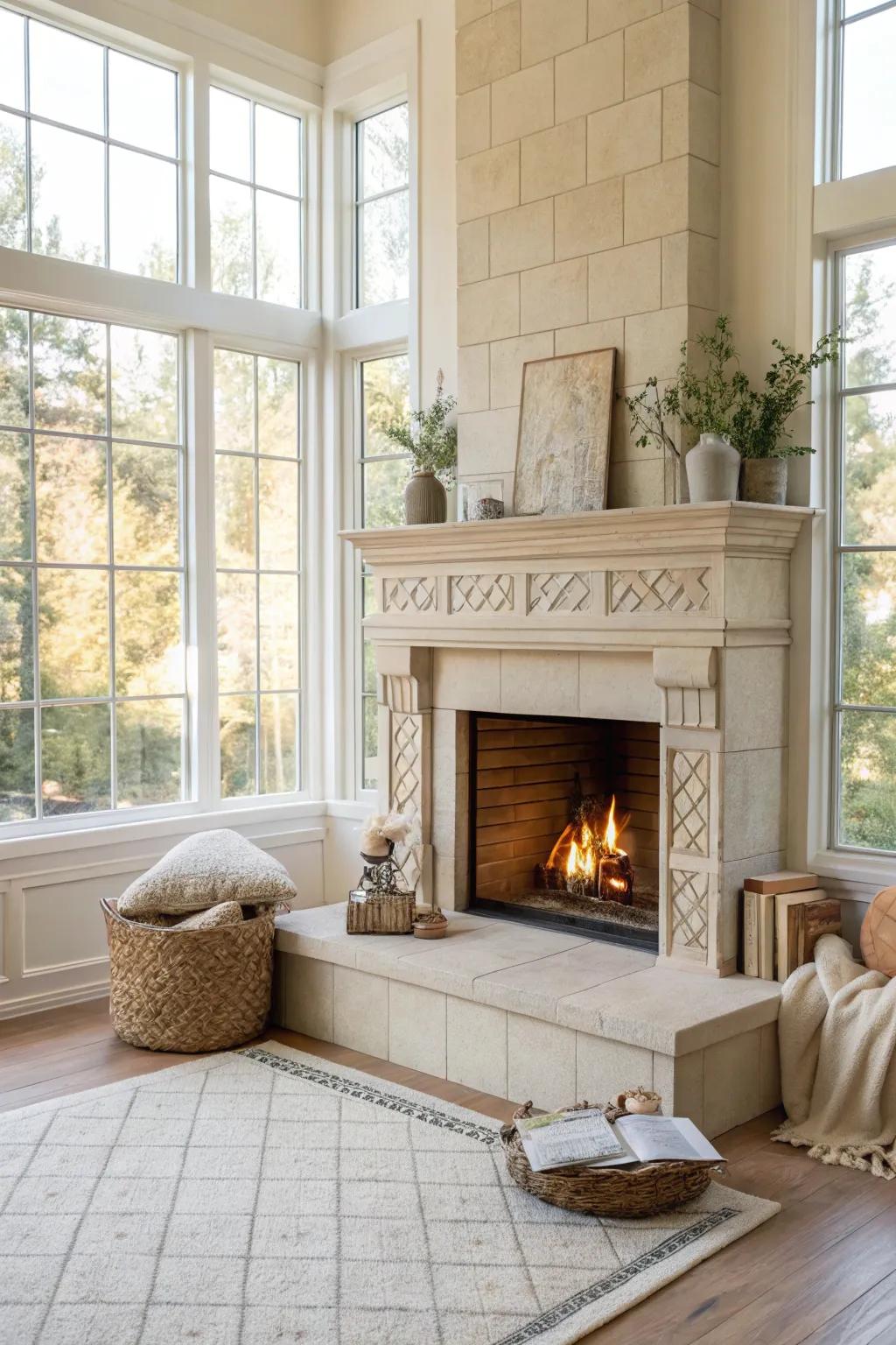 Gentle neutral cladding begets an airy and inspiring fireplace aesthetic.