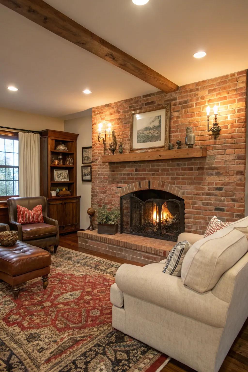 Ageless enchantment featuring an exposed brick fireplace wall.