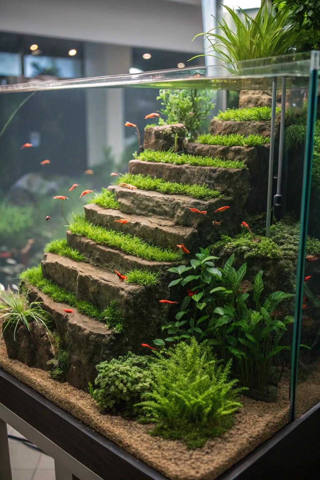 An aquarium design incorporating layered landscaping
