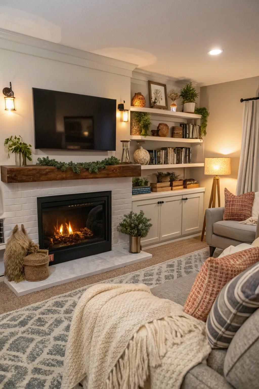 Create a warm focal point with a fireplace and shelves.