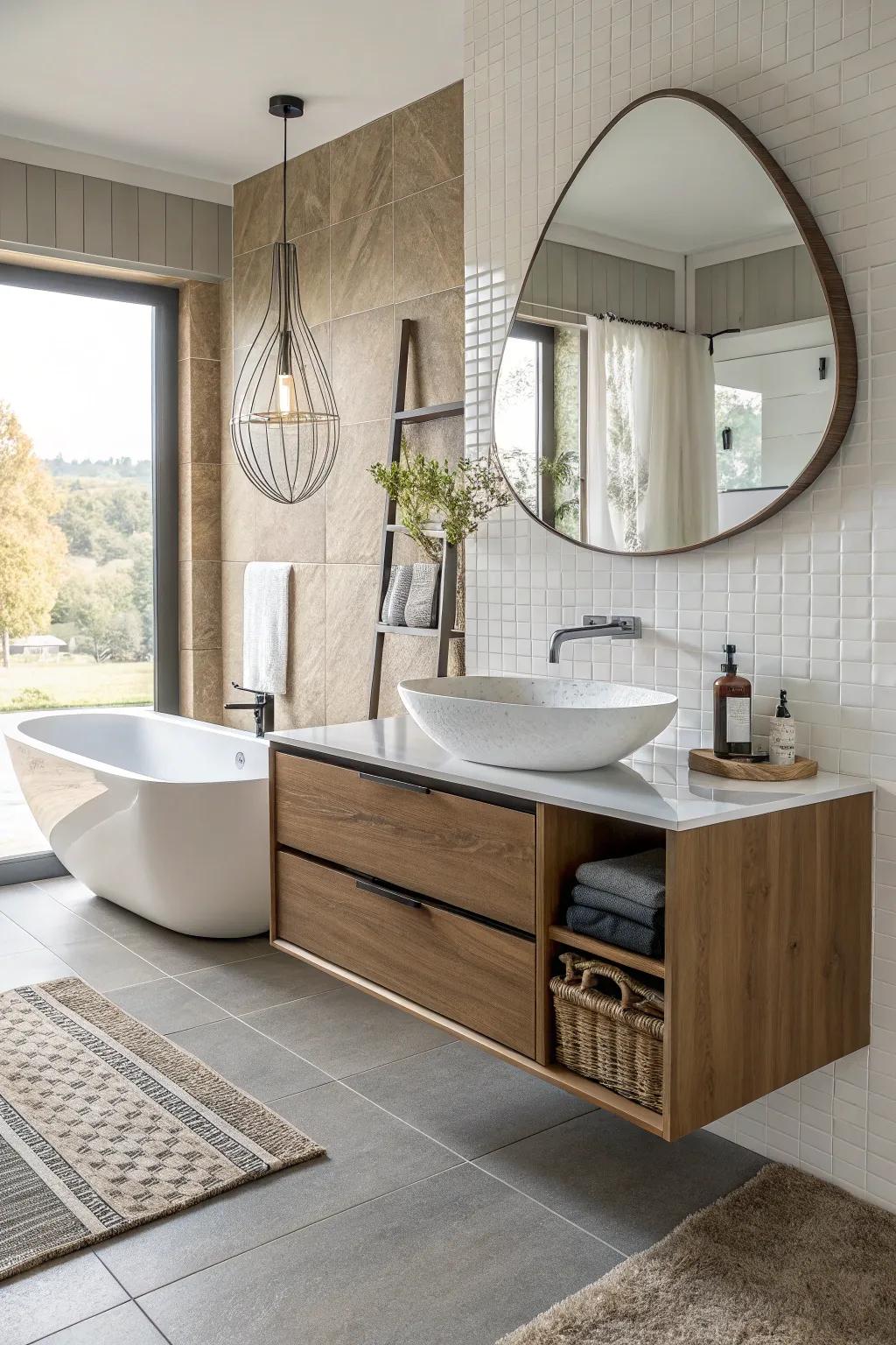 A bathroom with a uniquely shaped floating vanity in an avant-garde design.