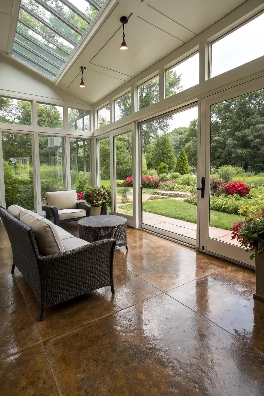 Modern sunroom showcasing pigmented concrete flooring.