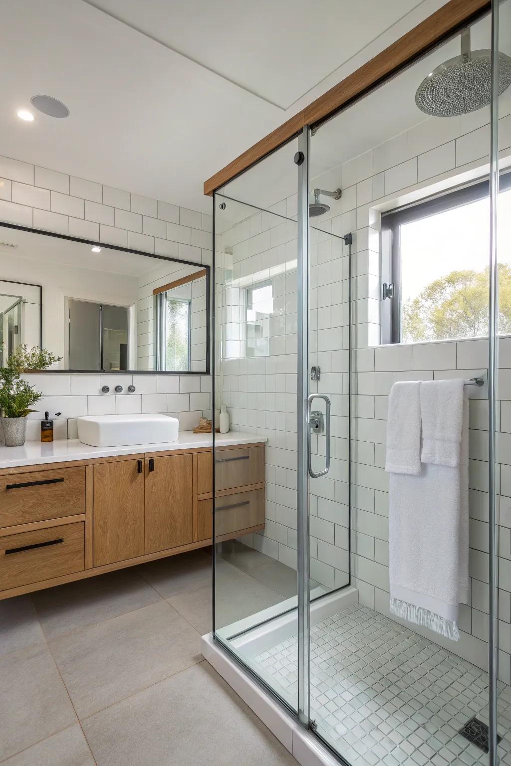 Glass shower houses keep the layout open and modern.