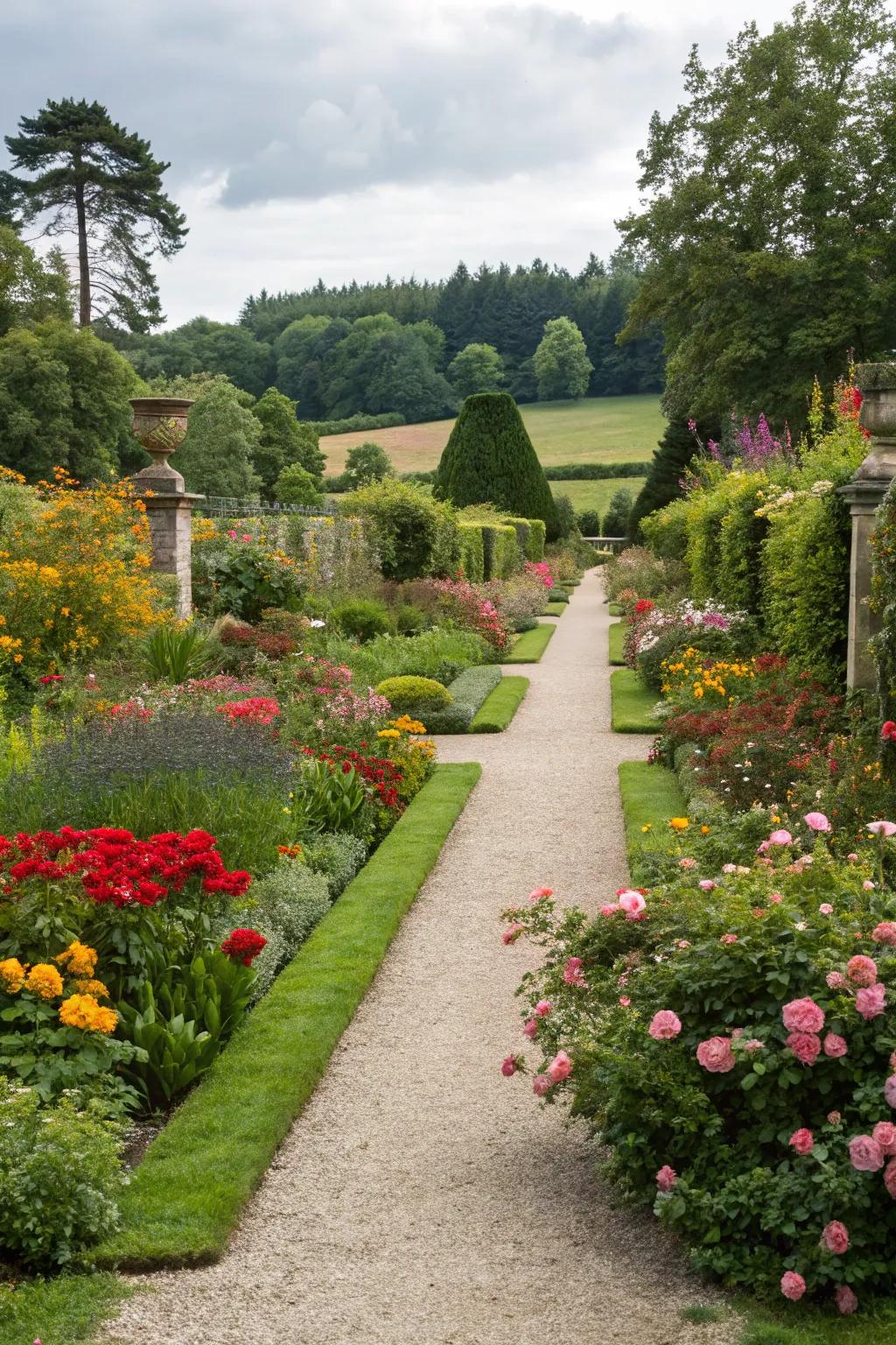 A Mediterranean-inspired flower border featuring gravel paths and vibrant blooms.