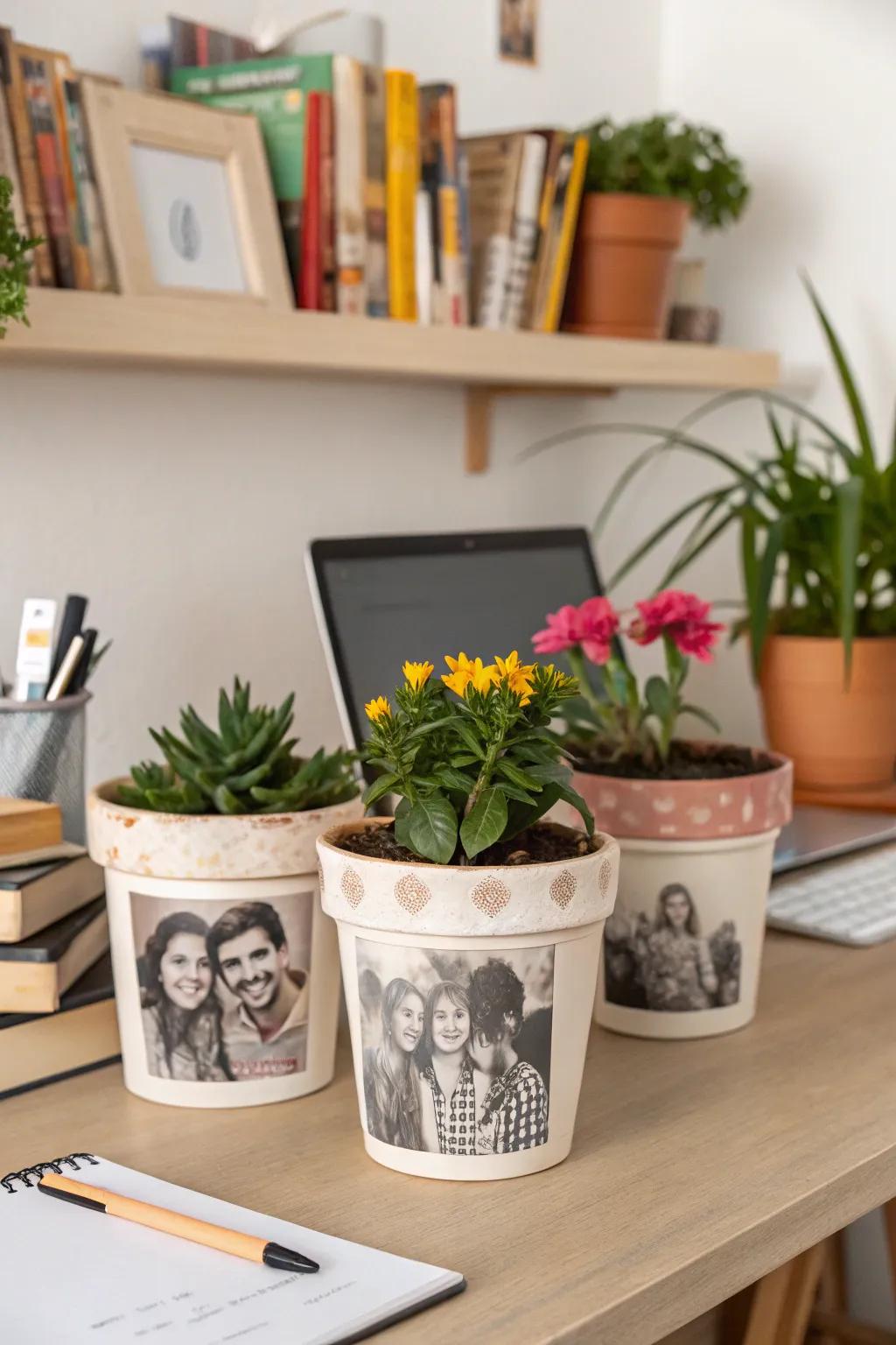 Treasure special moments with photo transfer decorated flower pots.