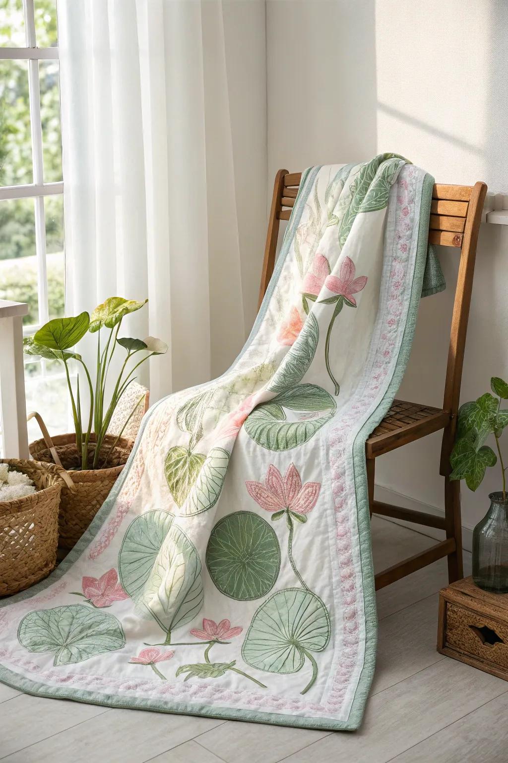 With the calming beauty of lily pad quilt layers, embrace serenity.