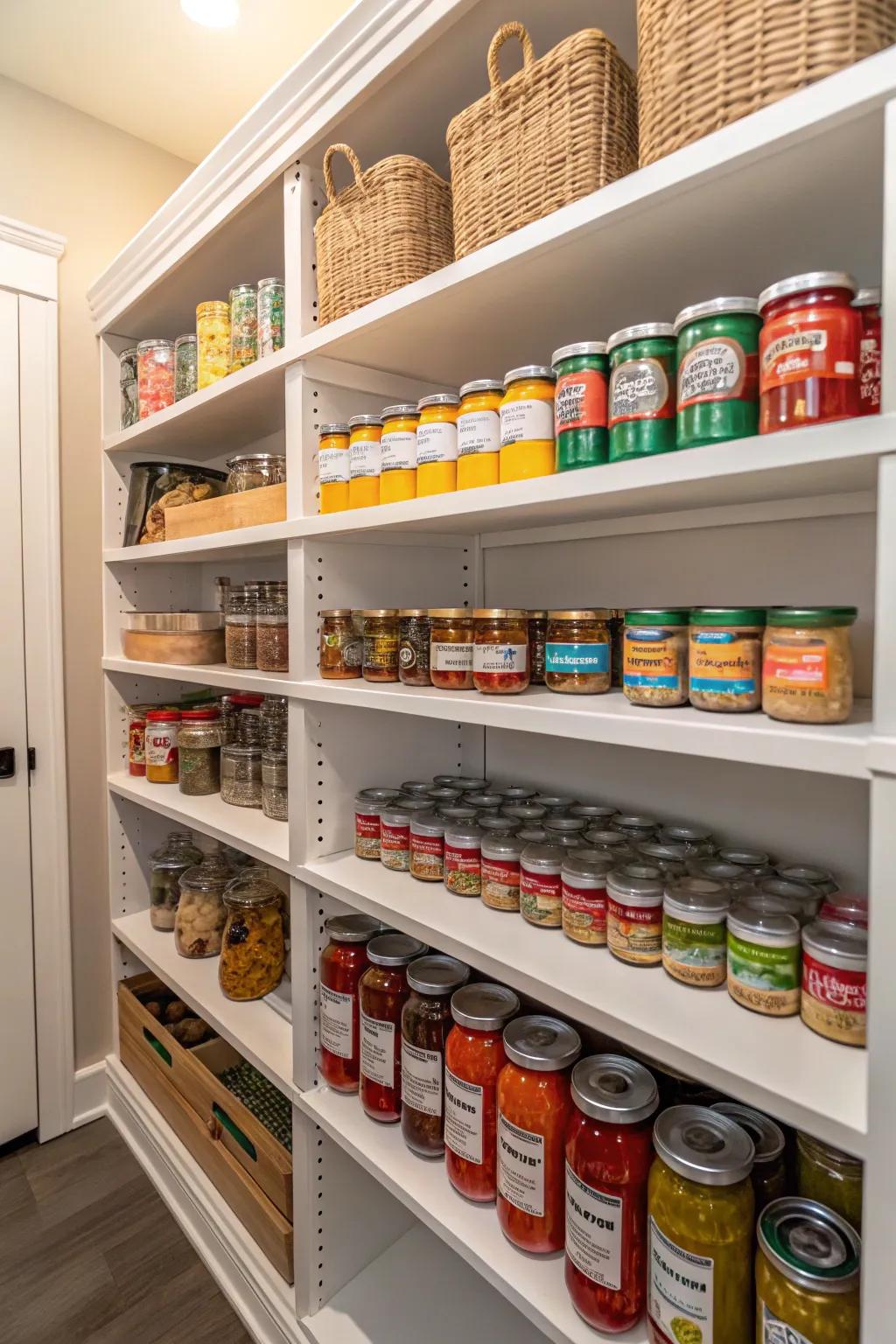 Tiered shelving enriches storage capacity and visibility.