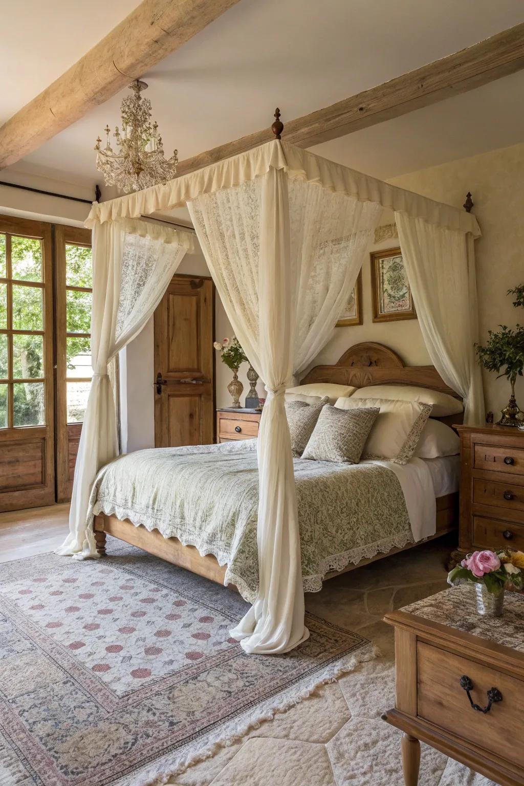 A draped bed imparts a romantic and noble touch.