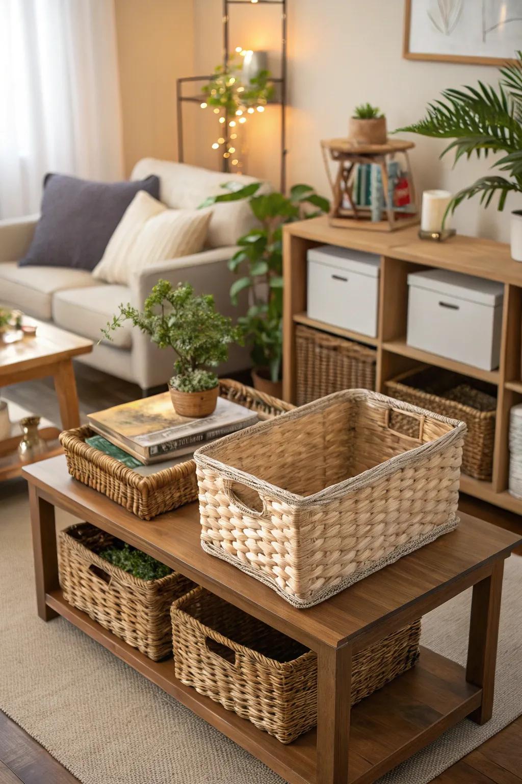 Wicker baskets providing stylish storage solutions in a living room.
