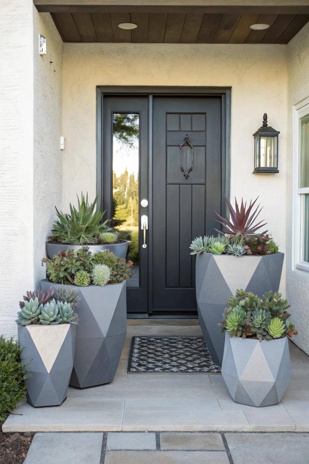 Modernize your entrance with geometric shapes and succulents.