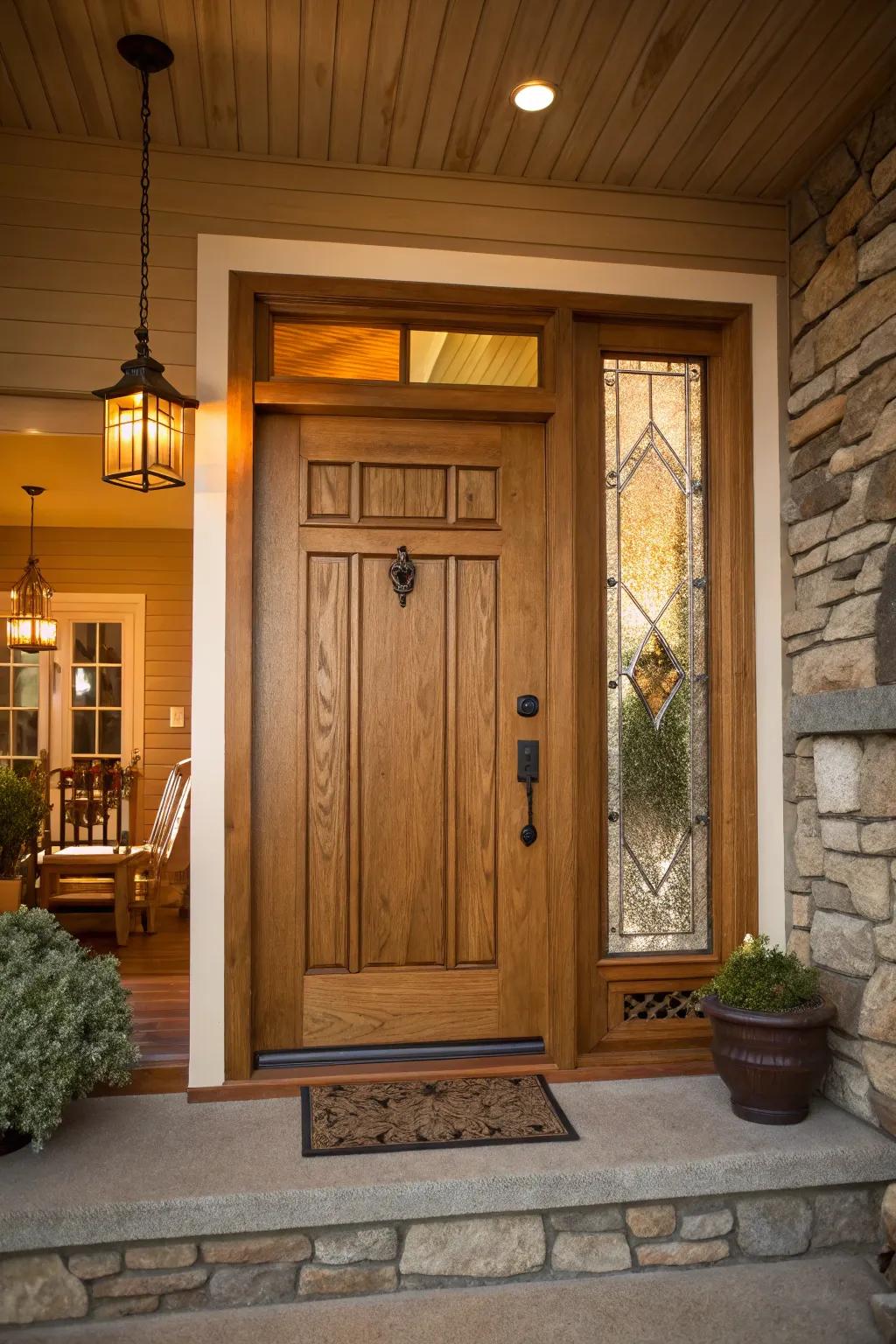 Inviting woodgrain textures create a cozy, welcoming entrance.