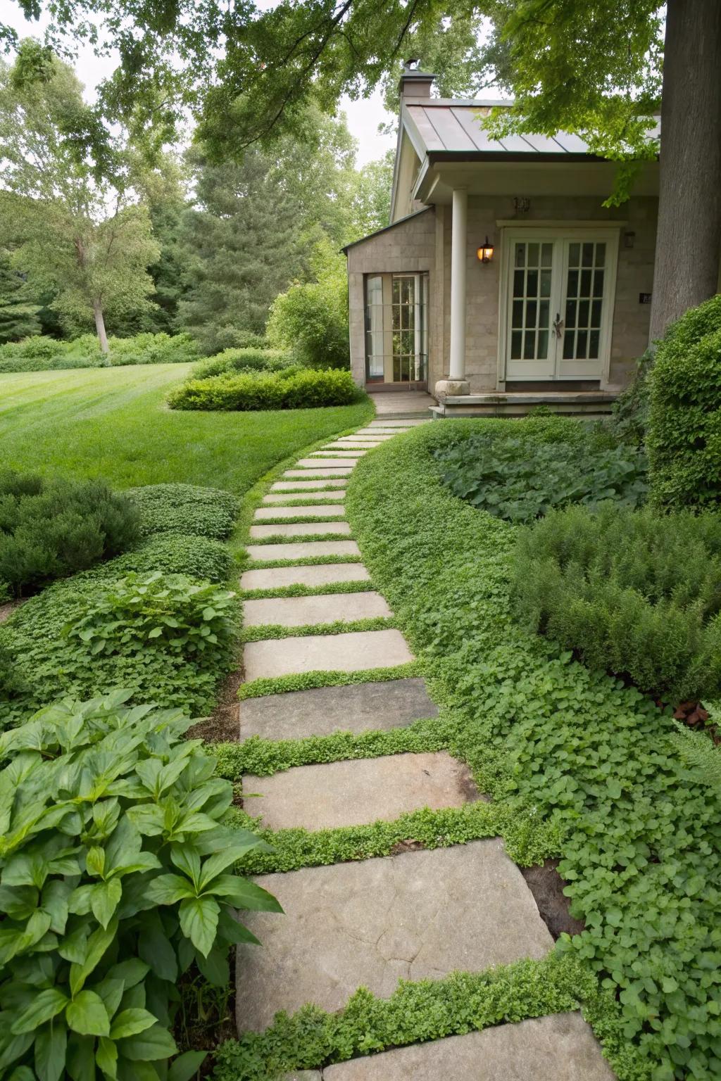 Stepping stones extend an unpretentious, sophisticated path amidst greenery.