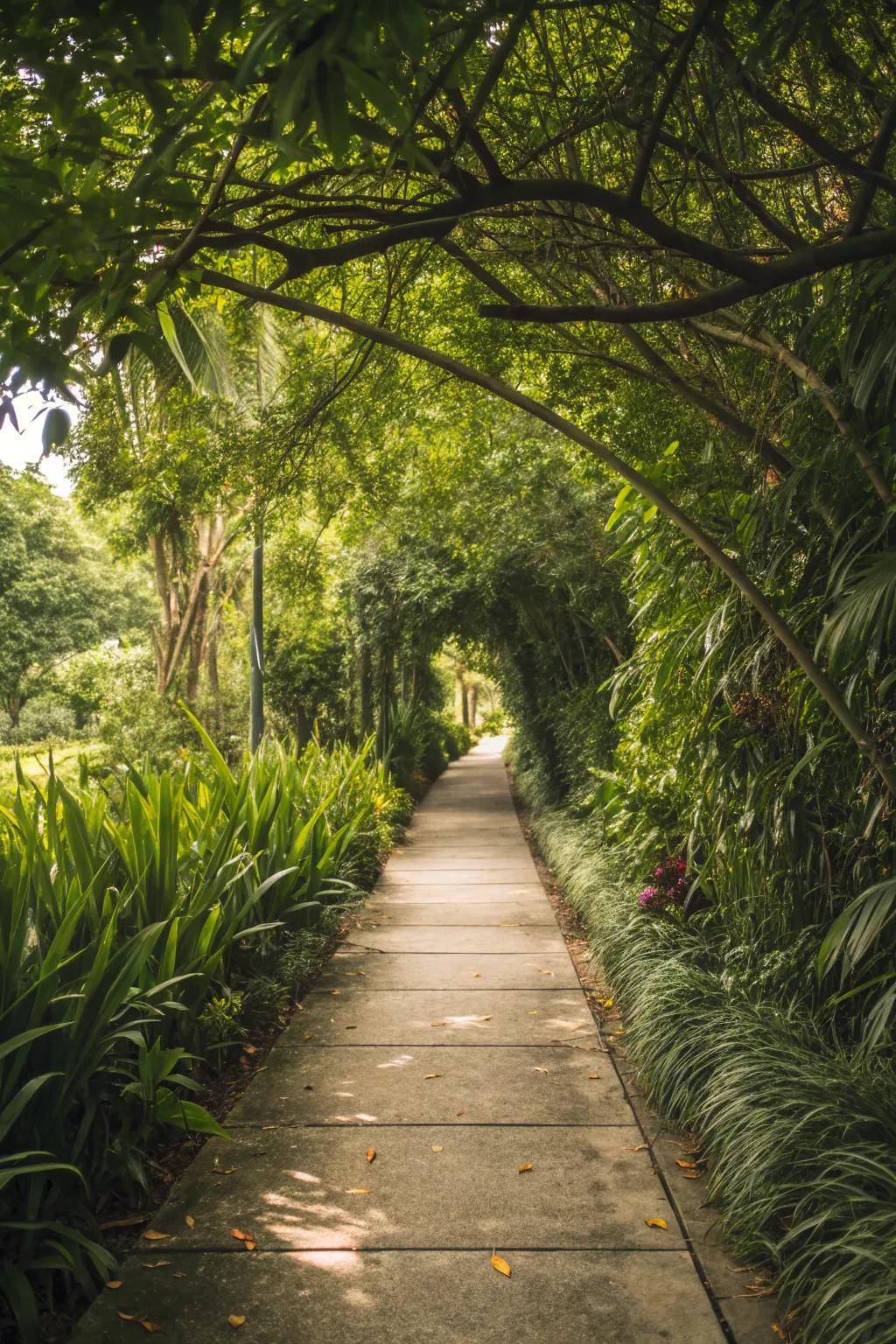 A lush path framed with abundant, natural plantings.