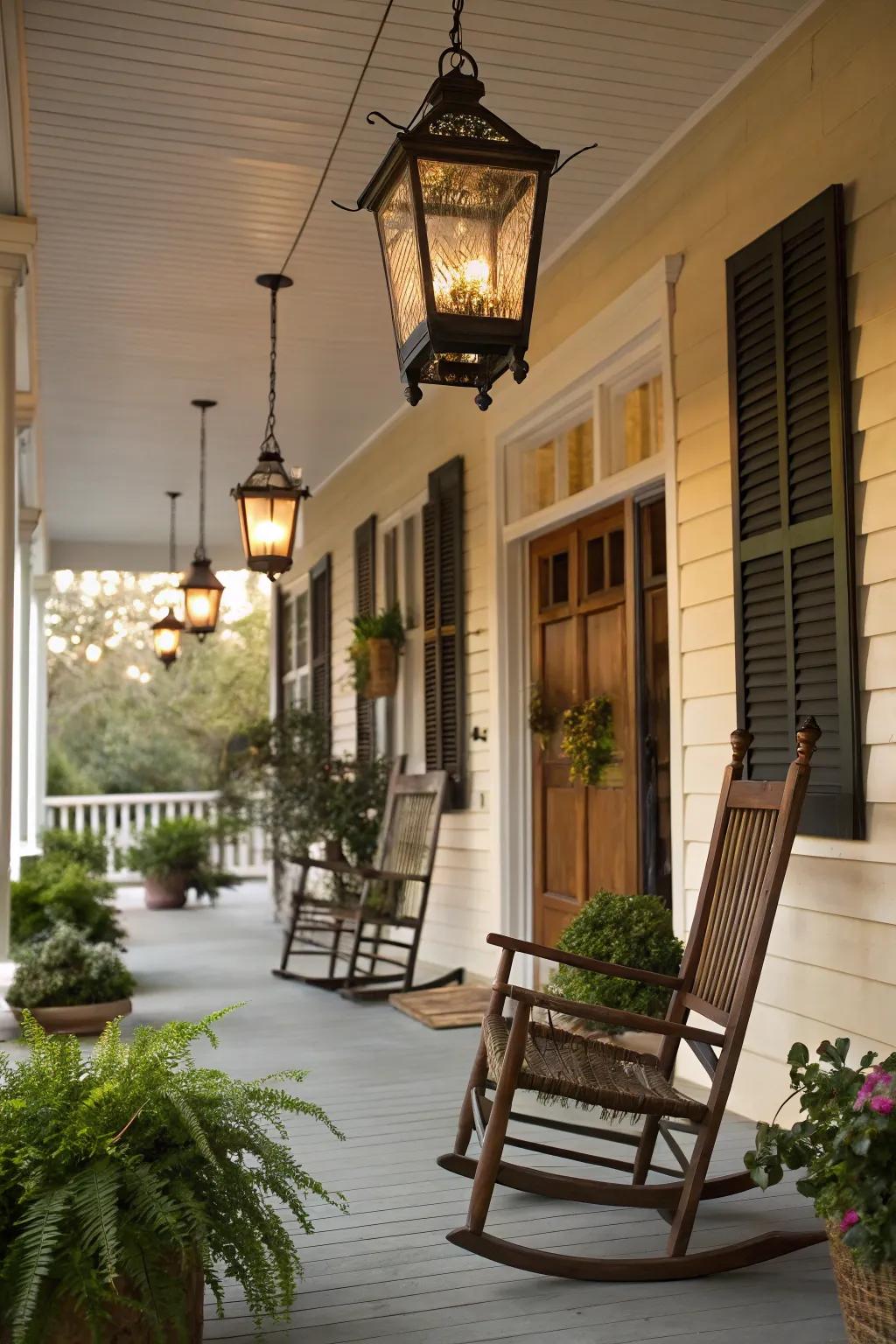 Classic charm with hanging lanterns swaying gently.