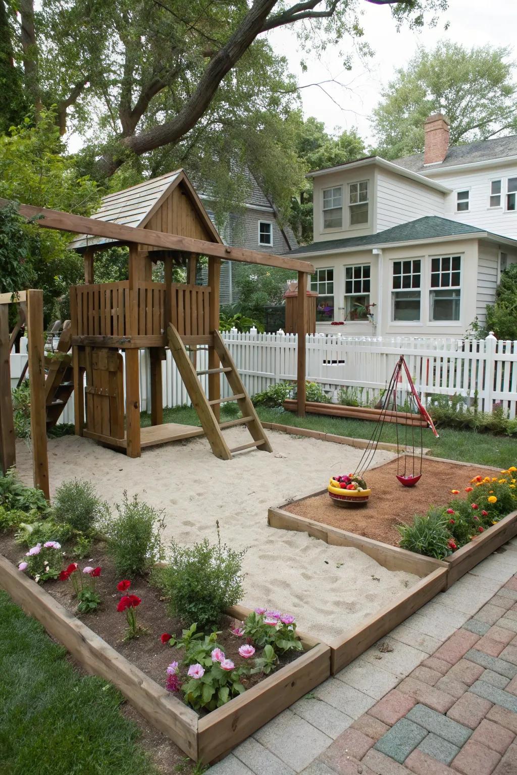 A child-safe zone inside the courtyard enables secure play.