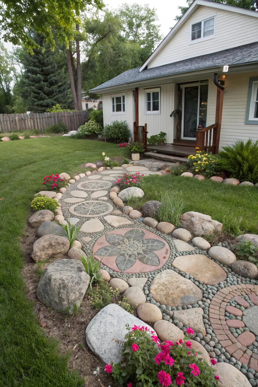 Craft an artistic mosaic using large rocks in your landscape.